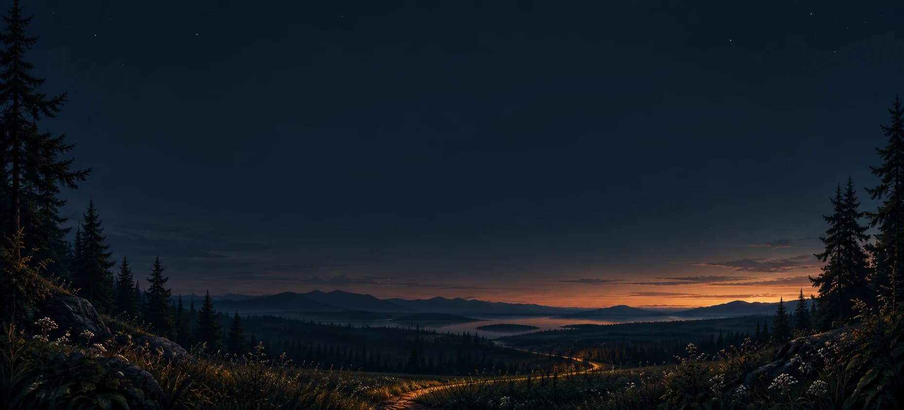 Illustration: a trail through a moonlit meadow leads toward a lake and mountains, with the first light of dawn on the horizon
