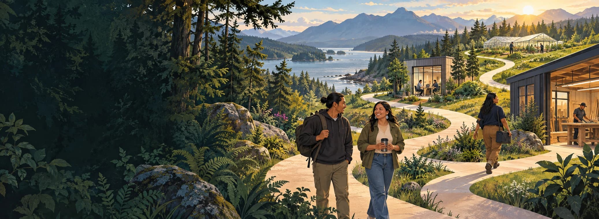 Illustration: two people walk a forest trail above a coastal inlet at sunrise, toward workplaces set among the trees